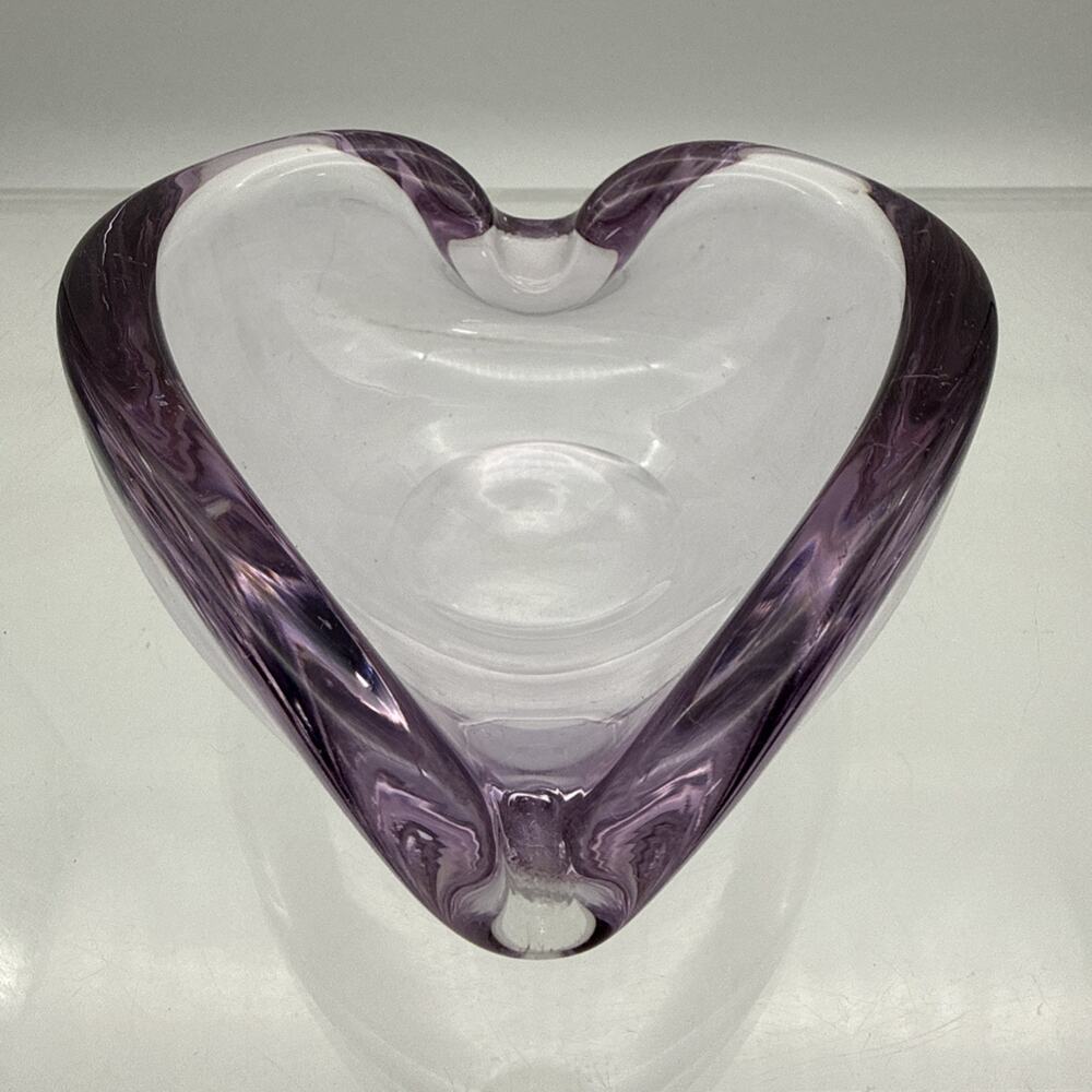 Art Studio glass handblown Purple HEART shaped dish ashtray MCM Trinket Dish